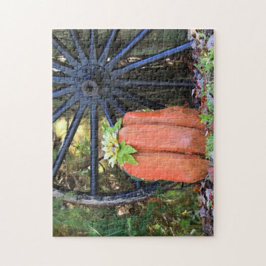 ハロウィーン時間木彫りのカボチャとワゴンホイール ジグソーパズル (縦)