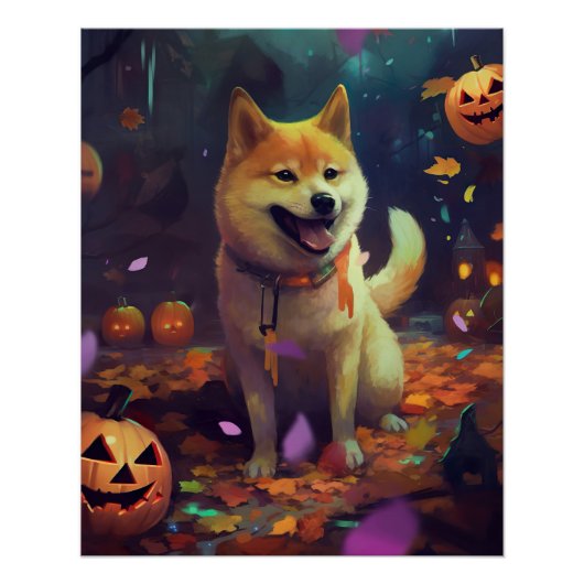 ハロウィーン柴犬カボチャ怖 ポスター (正面)