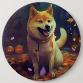 ハロウィーン柴犬カボチャ怖 缶バッジ (正面)