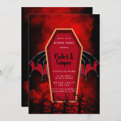 ハロウィーン棺とこうもりウィングウェディングシャワー 招待状 (正面/裏面)