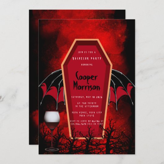 ハロウィーン棺とこうもりウィングバチュラーパーティ 招待状 (正面/裏面)