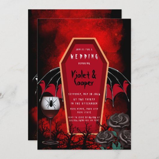 ハロウィーン棺とこうもりウィングレッドブラック結婚ズI 招待状 (正面/裏面)