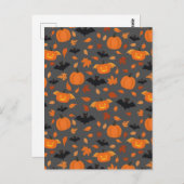 ハロウィーン模様 | カボチャ、こうもり、紅葉。 ポストカード (正面/裏面)