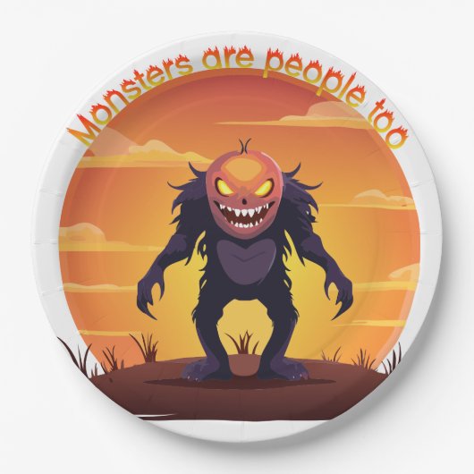 ハロウィーン毛深い小さなモンスターのトリックまたはトリート ペーパープレート (正面)
