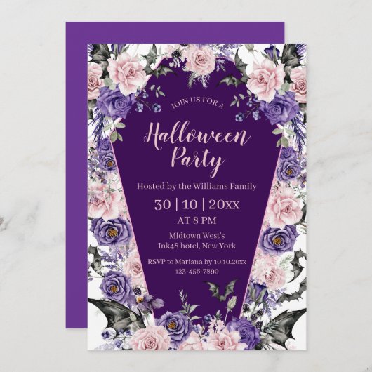 ハロウィーン水彩フローラ紫シックパーティー 招待状 (正面/裏面)
