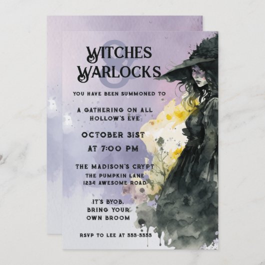 ハロウィーン水彩魔女 招待状 (正面/裏面)