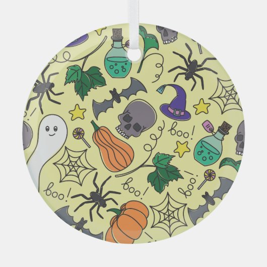 ハロウィーン漫画:鮮やかヴィンテージパターン ガラスオーナメント (正面)