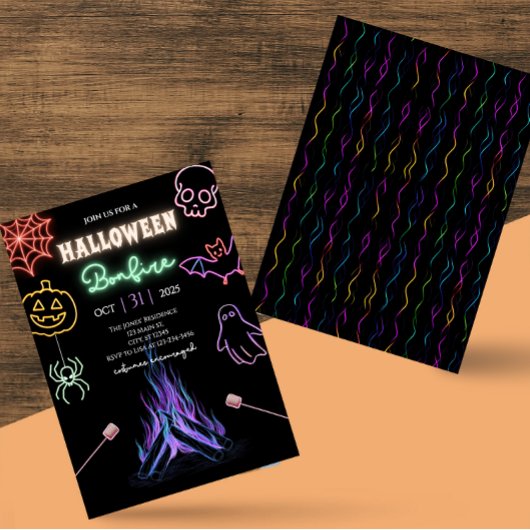 ハロウィーン焚き火ネオン不気味ナイトコスチュームパーティー 招待状