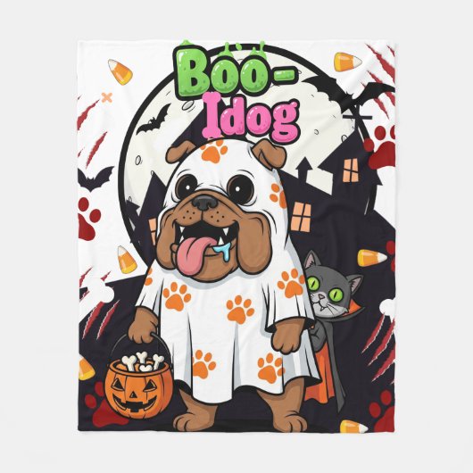 ハロウィーン犬"ブー犬"かわいい犬の恋人幽霊 フリースブランケット (正面)
