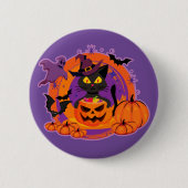 ハロウィーン猫とカボチャ 缶バッジ (正面)