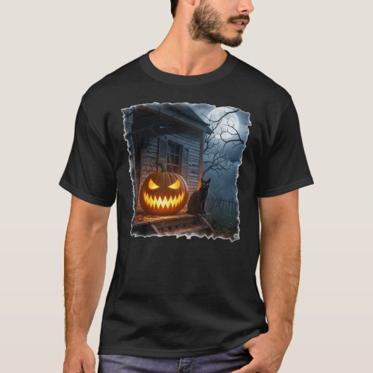 ハロウィーン猫とジャック・オ・ランタン Tシャツ (正面)