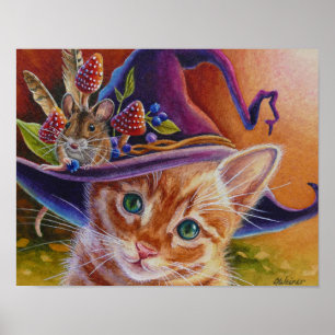 ハロウィーン猫とマウスNo. 1水彩画11x14 ポスター