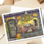 ハロウィーン猫と書店 ポストカード<br><div class="desc">水の色の店先の絵画カレンダーの10月のページとして作られた甘いハロウィーンのブックショップ。不気味なインテリアが満載の不気味な可愛らしいブックストアのショーウィンドウ、気ままな本、こうもりの装飾、彫り物のカボチャ、魔法の魔導書、眠い灰色の猫の猫をフィーチャーし、夜のフクロウの本のショップはビジネスのために開かれている。ハロウィーンのカボチャのちょうちんが店のドアの外に座って、夜の間あなたを迎え読に来る。このデザインは、本の愛好家や楽しむ秋の休日最高の、ハロウィンに最適だ。このオリジナルのアートワークはがきを自分で扱う（またはトリック）。</div>