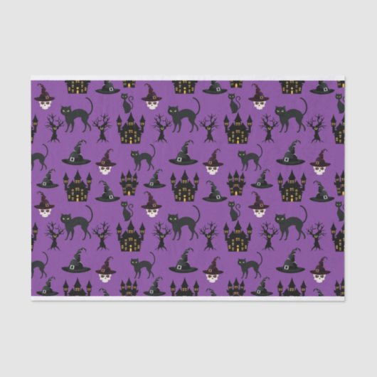 ハロウィーン猫の城帽子スカルの木の猫 薄葉紙 (正面)