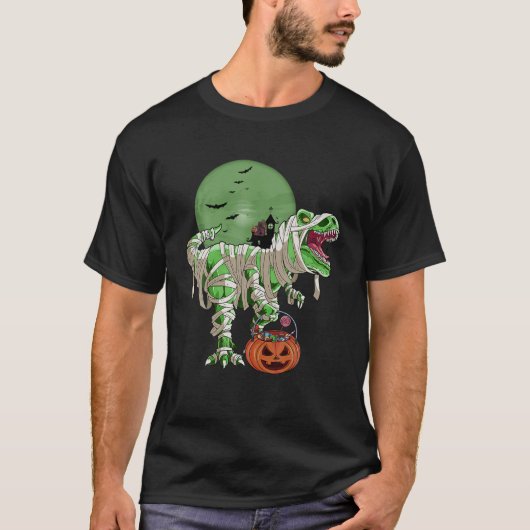 ハロウィーン猫の恐竜Tレックスミイラのパンプキン Tシャツ (正面)