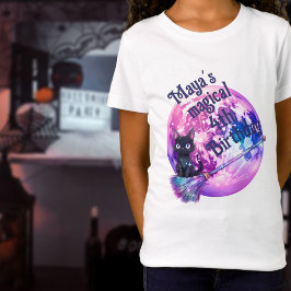 ハロウィーン猫の月とブロムピンク紫の誕生日 Tシャツ