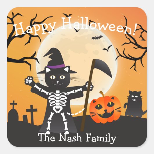 ハロウィーン猫の死神 スクエアシール (正面)