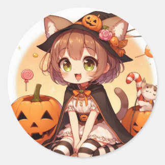 ハロウィーン猫ガール ラウンドシール