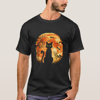 ハロウィーン猫ムーンこうもり怖い黒猫ナイト Tシャツ