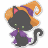 ハロウィーン猫、かわいい猫、黒猫、魔女ハット シール (正面)