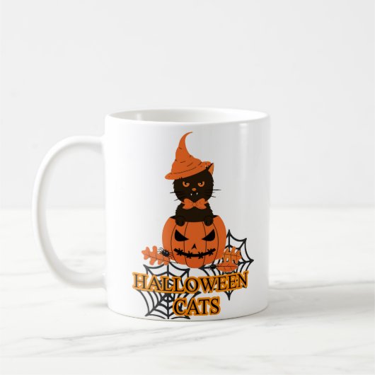 ハロウィーン猫(ハッピーハローウィン、家族への贈り物) コーヒーマグカップ (左)