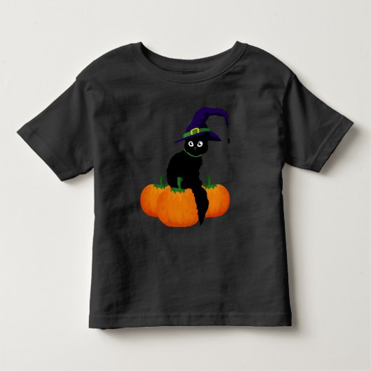 ハロウィーン用の帽子とカボチャ付き黒猫 トドラーTシャツ (正面)