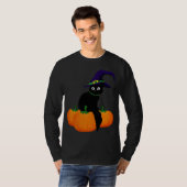 ハロウィーン用の帽子とカボチャ付き黒猫 Tシャツ (正面フル)