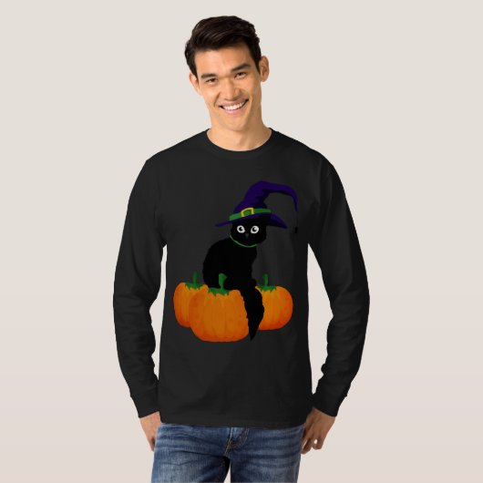 ハロウィーン用の帽子とカボチャ付き黒猫 Tシャツ (正面フル)
