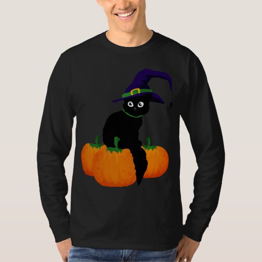 ハロウィーン用の帽子とカボチャ付き黒猫 Tシャツ (正面)