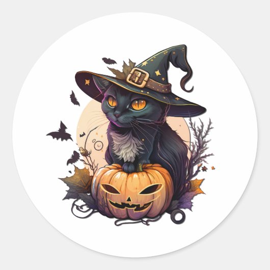 ハロウィーン用の魔猫 ラウンドシール (正面)