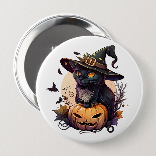 ハロウィーン用の魔猫 缶バッジ (正面&裏面)