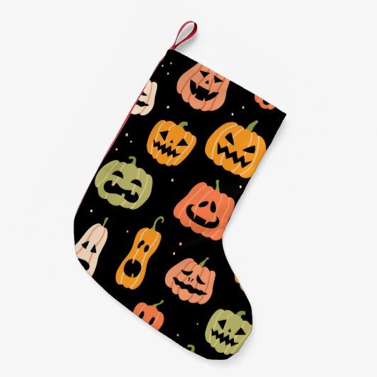 ハロウィーン用カボチャの継ぎ目のない模様。手が悪い スモールクリスマスストッキング (正面 (吊り時))