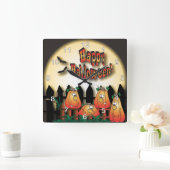 ハロウィーン用カボチャ,フェンスに座る スクエア壁時計 (ホーム)