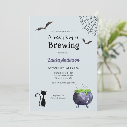 ハロウィーン男の赤ちゃんが赤ちゃんシャワーを醸造している 招待状 (スタンド正面)