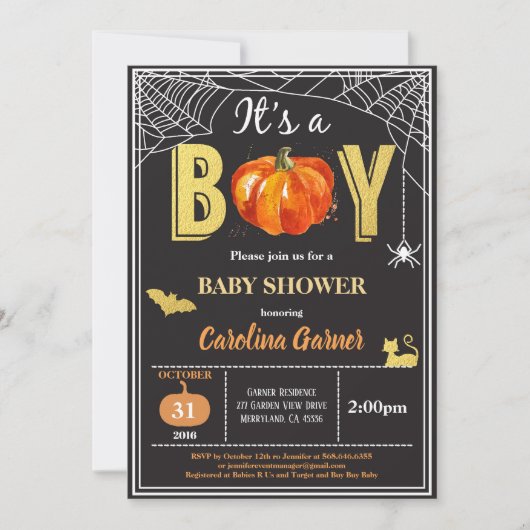 ハロウィーン男の赤ちゃんシャワーの招待。黒の金ゴールド 招待状 (正面)