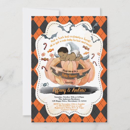 ハロウィーン男の赤ちゃんシャワーカボチャ 招待状 (正面)