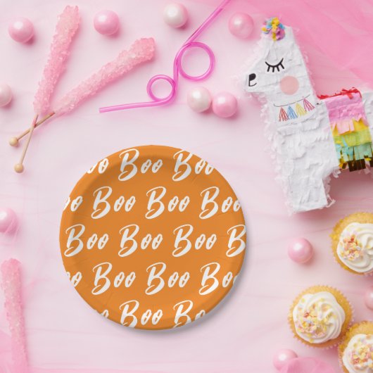 ハロウィーン白オレンジブー文字パターン ペーパープレート (パーティー)