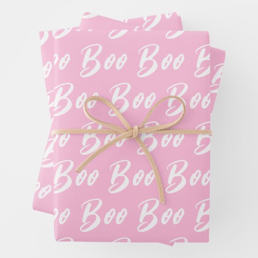 ハロウィーン白ライトピンクのブー文字パターン ラッピングペーパーシート (インサイチュ)