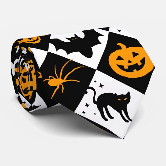 ハロウィーン白黒オレンジハーレキンパターン ネクタイ (ロール)