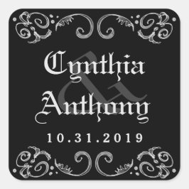 ハロウィーン白黒ゴシック結婚の名前&日付 スクエアシール