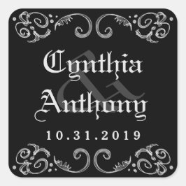 ハロウィーン白黒ゴシック結婚の名前&日付 スクエアシール