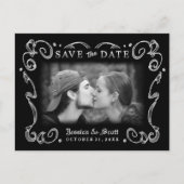 ハロウィーン白黒スクロール写真日付の保存 案内ポストカード (正面)
