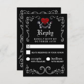 ハロウィーン白黒スケルトンとハートRSVP 出欠カード (正面/裏面)