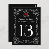 ハロウィーン白黒スケルトンハートテーブル番号 ポストカード (正面/裏面)