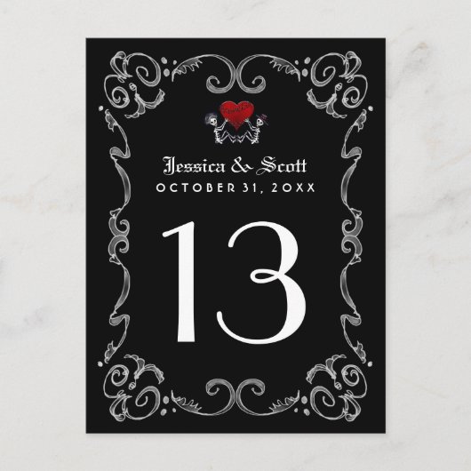 ハロウィーン白黒スケルトンハートテーブル番号 ポストカード (正面)