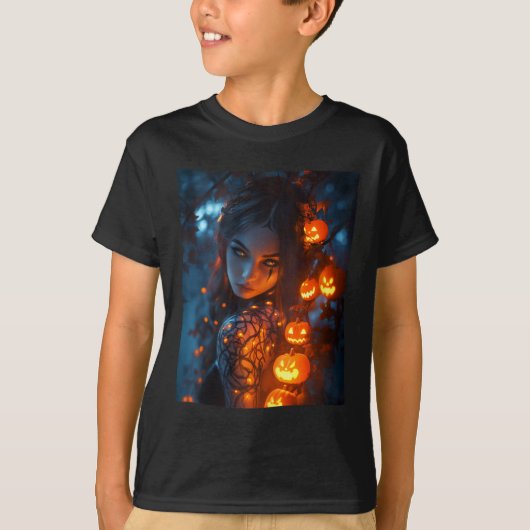 ハロウィーン神秘的な魅惑の魔女白熱［赤熱］光を放つカンプ Tシャツ (正面)