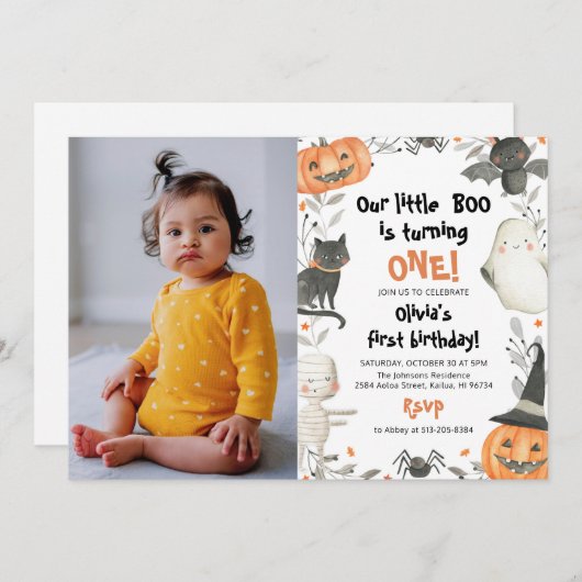 ハロウィーン私たちの小さなブー誕生日パーティーの招待 招待状 (正面/裏面)