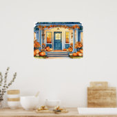 ハロウィーン秋カボチャのトウモロコシの茎オンフロントポーチ ポスター (キッチン)