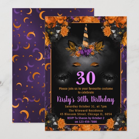 ハロウィーン秋フローラユニコーン顔誕生日 招待状 (正面/裏面)