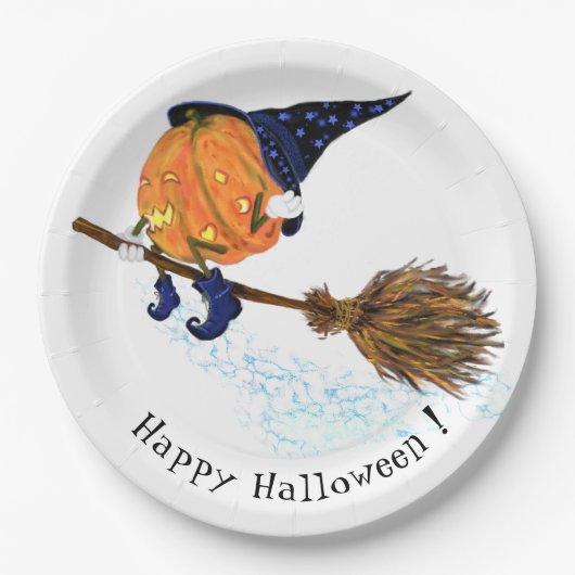 ハロウィーン紙プレートウィッチパンプキンブ飛んでいるロム ペーパープレート (正面)